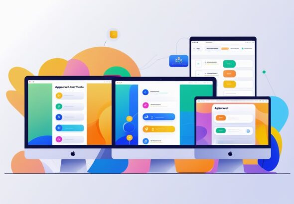 여러 대의 화면에 각기 다른 승인 UI 디자인이 나란히 배열되어 있는 모습