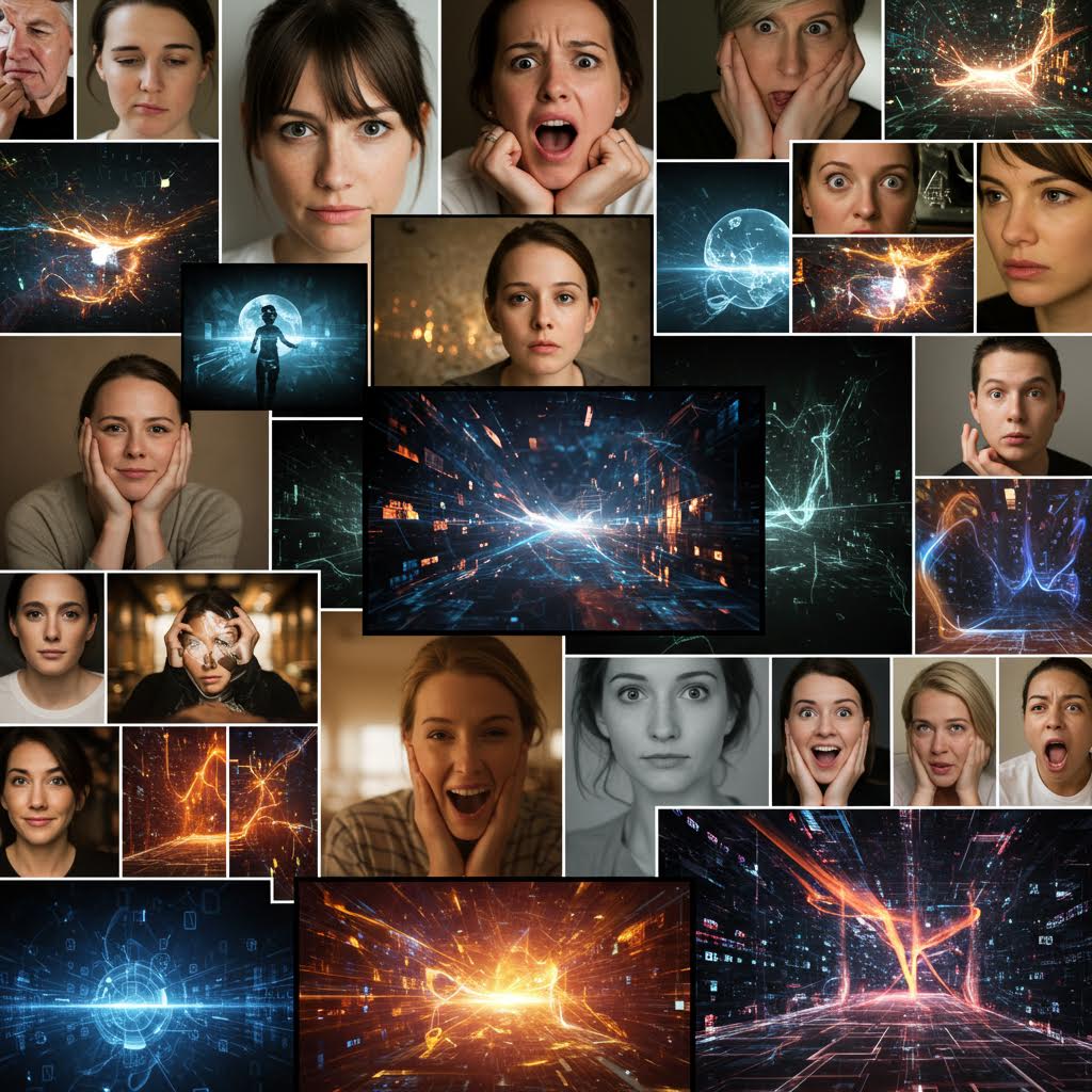 놀람, 호기심, 사색 등 다양한 감정 표정과 우주적 에너지 폭발, 디지털 터널 이미지가 결합된 콜라주