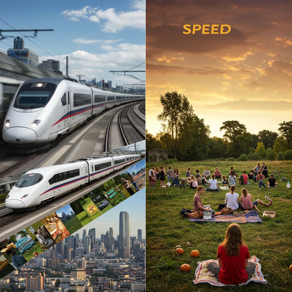고속열차가 도시를 가로지르며 속도와 혁신이 맞물리는 현대 이동의 장면