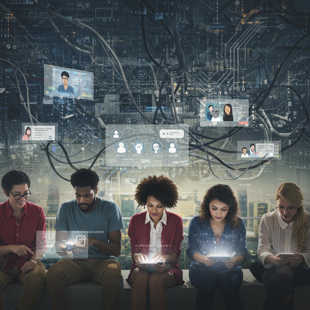 디지털 기기를 사용하며 화상 회의 인터페이스와 기술 오버레이로 둘러싸인 다섯 명의 전문가들