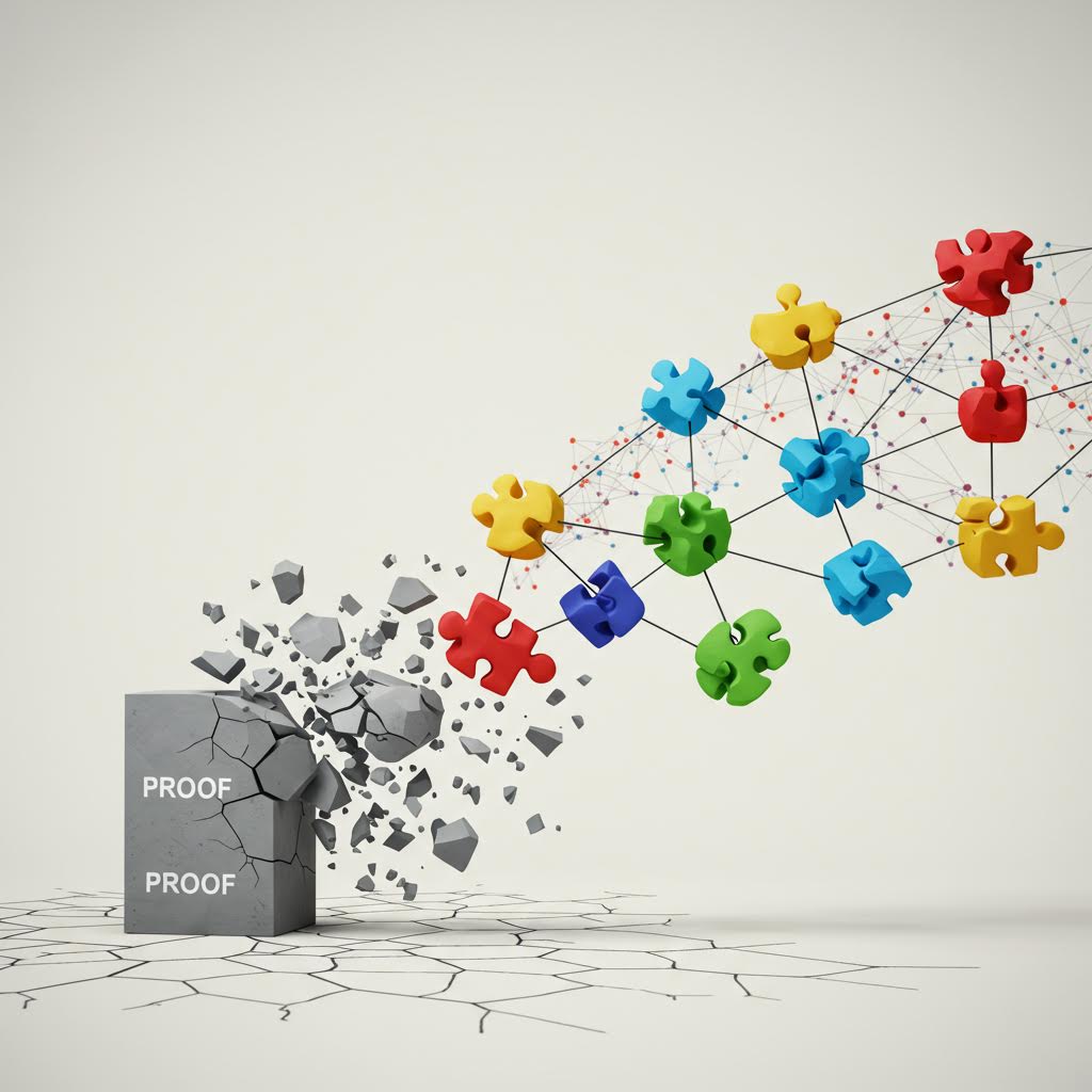 회색 'PROOF' 블록이 부서지면서 연결된 네트워크를 통해 다채로운 퍼즐 조각들로 변환되는 모습을 보여주는 개념적 3D 렌더링
