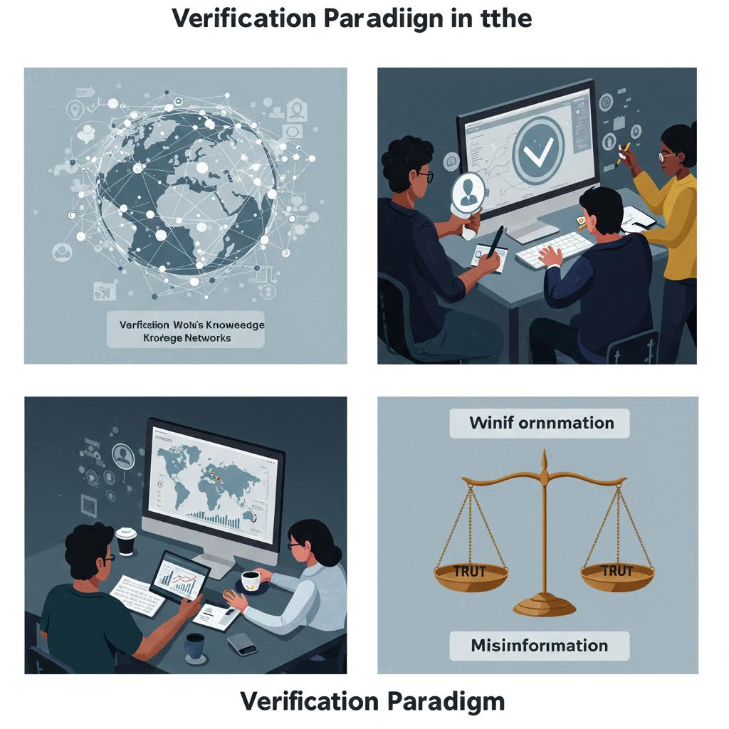 지식 네트워크를 통한 검증, 팀 협업, 데이터 분석, 진실과 허위정보를 나타내는 저울을 보여주는 검증 패러다임 인포그래픽
