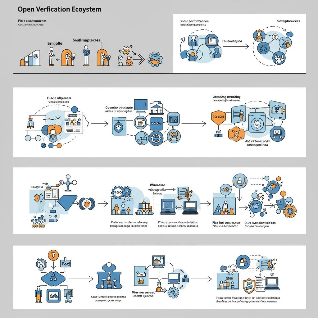 'Open Verification Ecosystem' 제목의 4단계 비교 차트: 단순 → 협력 → 분산 → 오픈소스·워크플로·투표·보상까지의 진화 과정 일러스트.