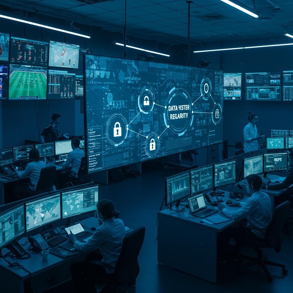 수많은 모니터로 데이터 보안을 관리하는 관제실의 사이버 보안 운영 장면