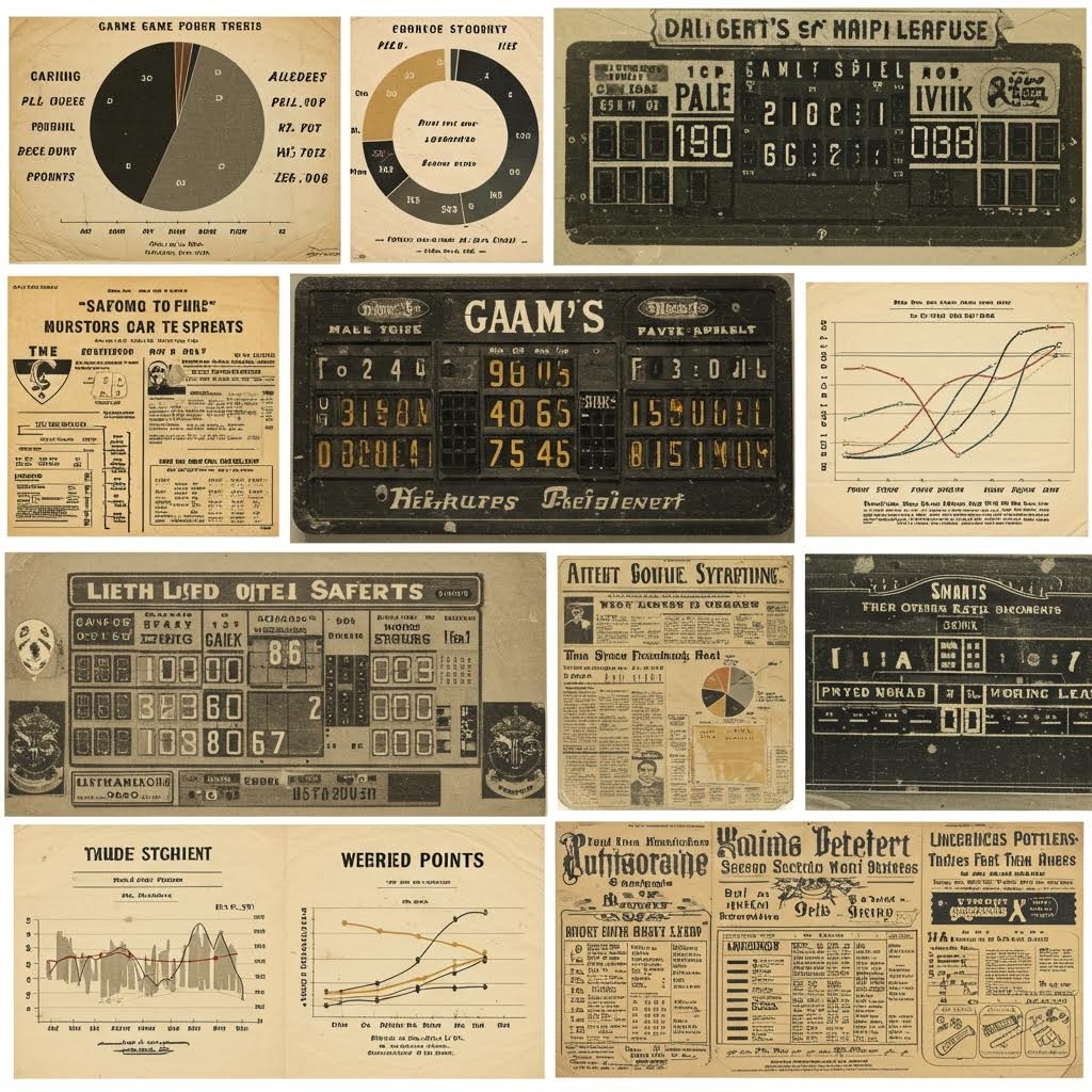 빈티지 스타일의 통계 표와 분석 차트, 옛 신문식 데이터 보고서 이미지