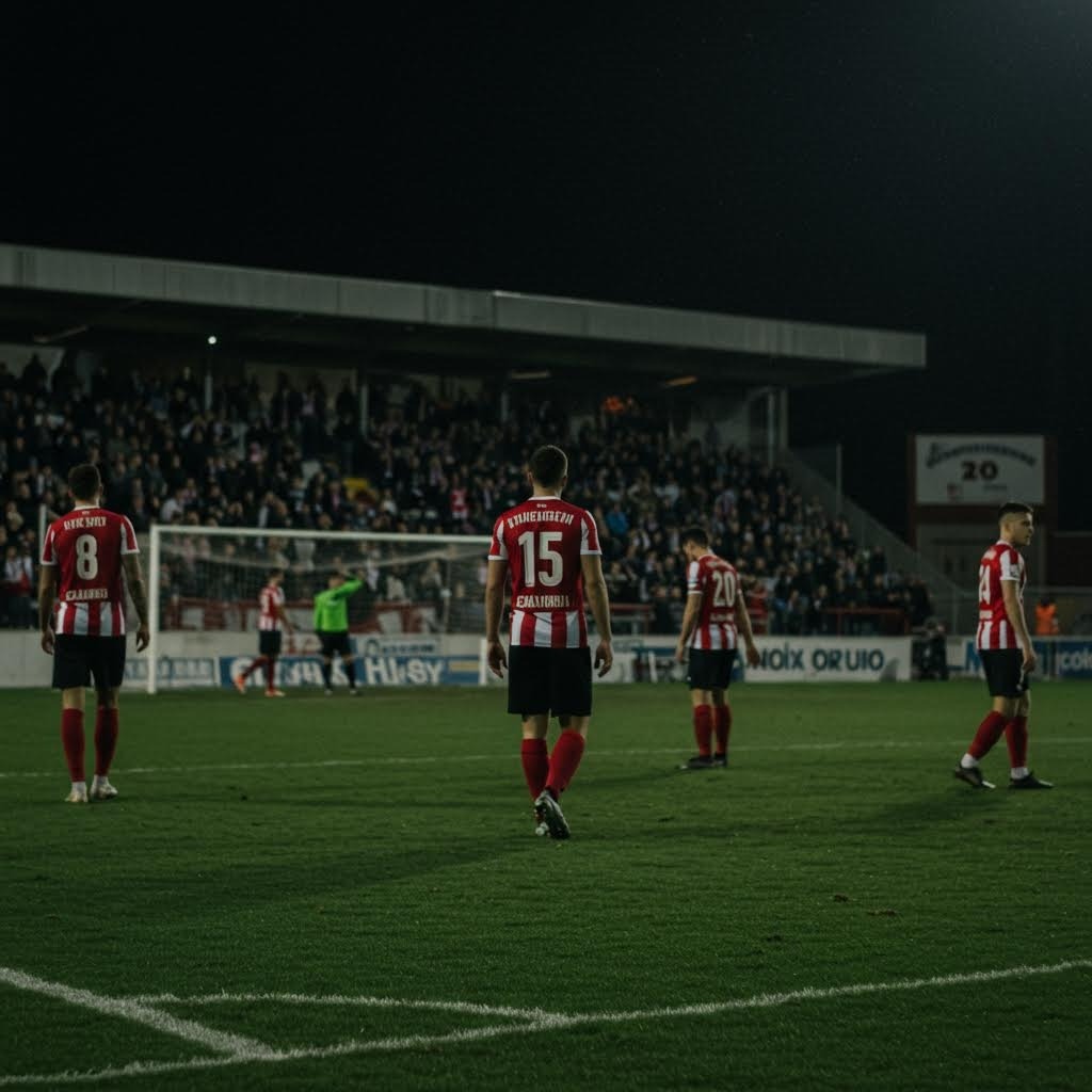 야간 경기장에서 선수들이 그라운드 위에 서 있는 축구 경기 장면