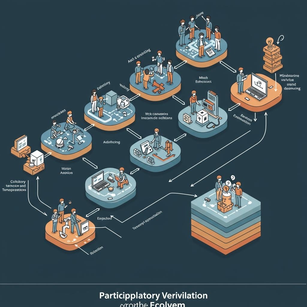 온카스터디 참여형 검증 시스템의 단계별 진화 과정을 3D 일러스트로 표현한 흐름도.