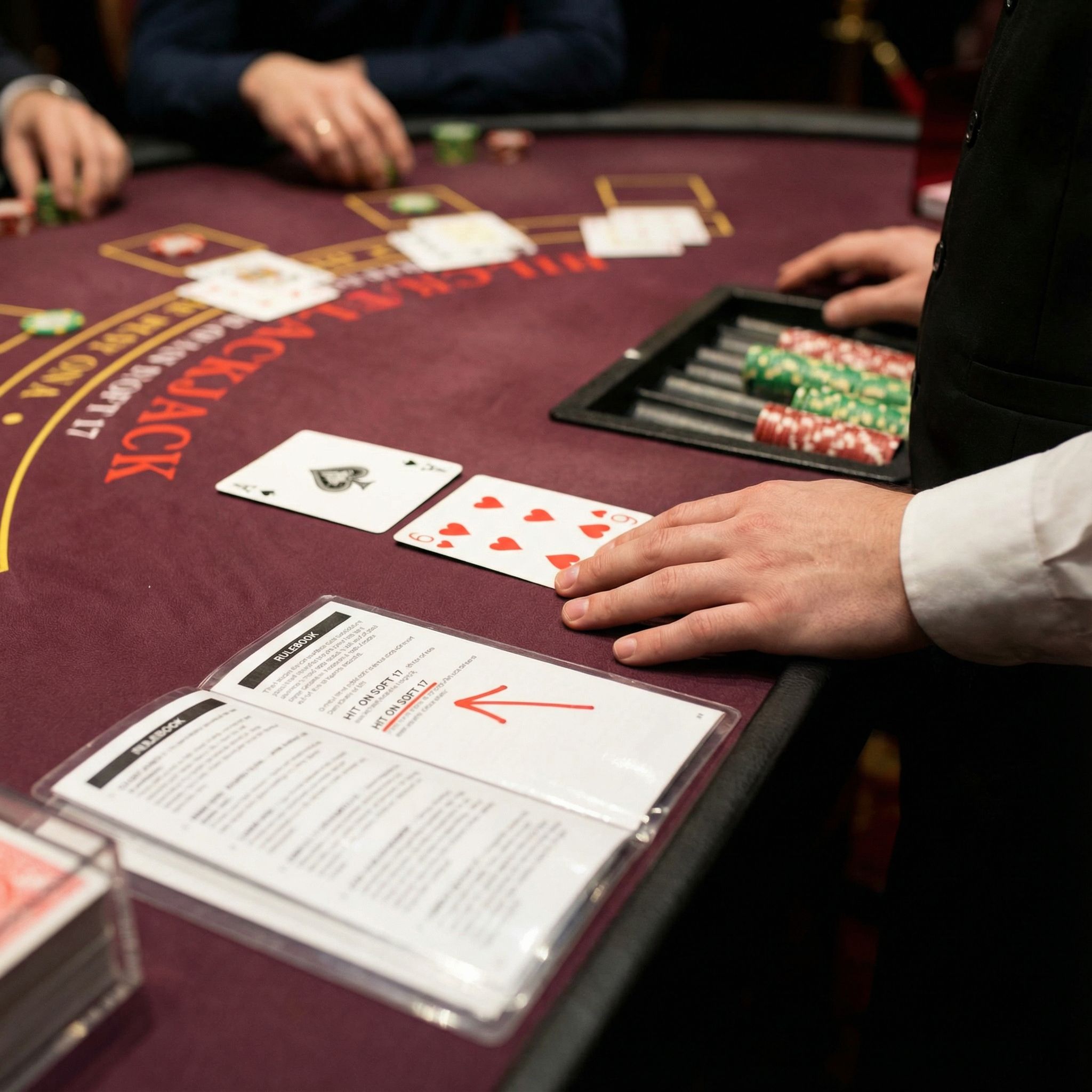 검은색 배경에 에이스와 6 카드를 든 딜러의 손이 보이며, 소프트 17에서 히트를 지시하는 규정집