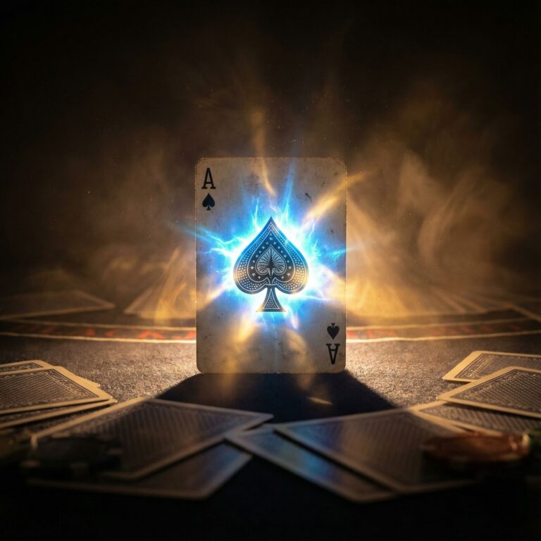 검은색 카지노 테이블 위에 놓인 빛나는 스페이드 에이스 카드가 주변의 뒷면 카드들을 압도하는 강렬한 빛을