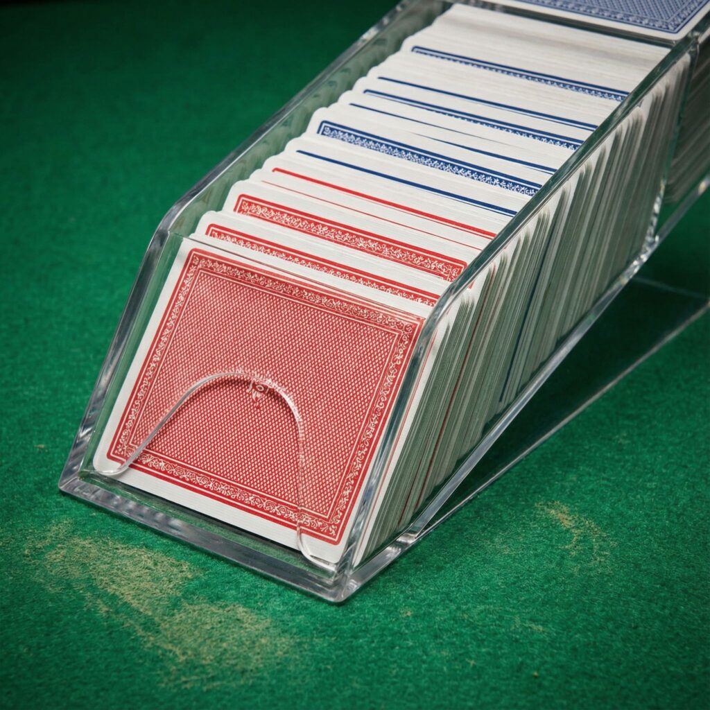 초록색 카지노 테이블 위에 놓인 투명 플라스틱 카드 셔플러가 플레잉 카드로 가득 찬 모습이다.