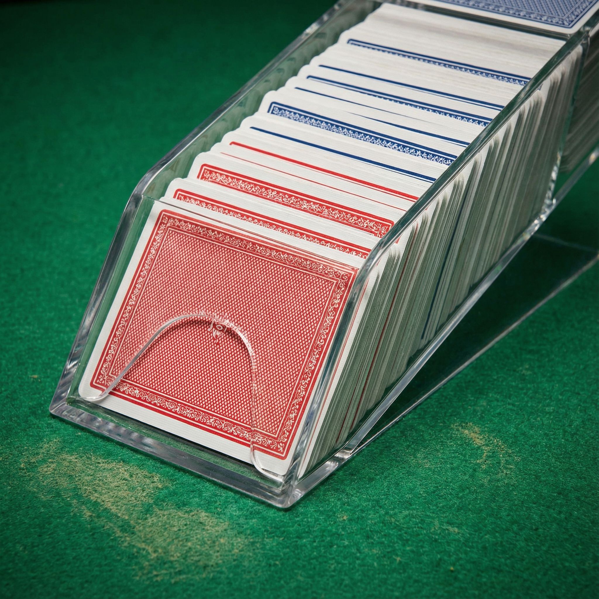 초록색 카지노 테이블 위에 놓인 투명 플라스틱 카드 셔플러가 플레잉 카드로 가득 찬 모습이다.