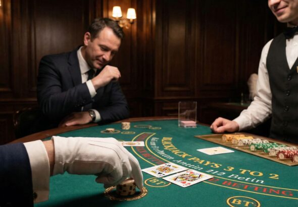 검은색 블랙잭 테이블 위에 칩을 내려놓는 우아한 손과, 딜러를 향한 경의의 인사, 그리고 차분하게 공개된