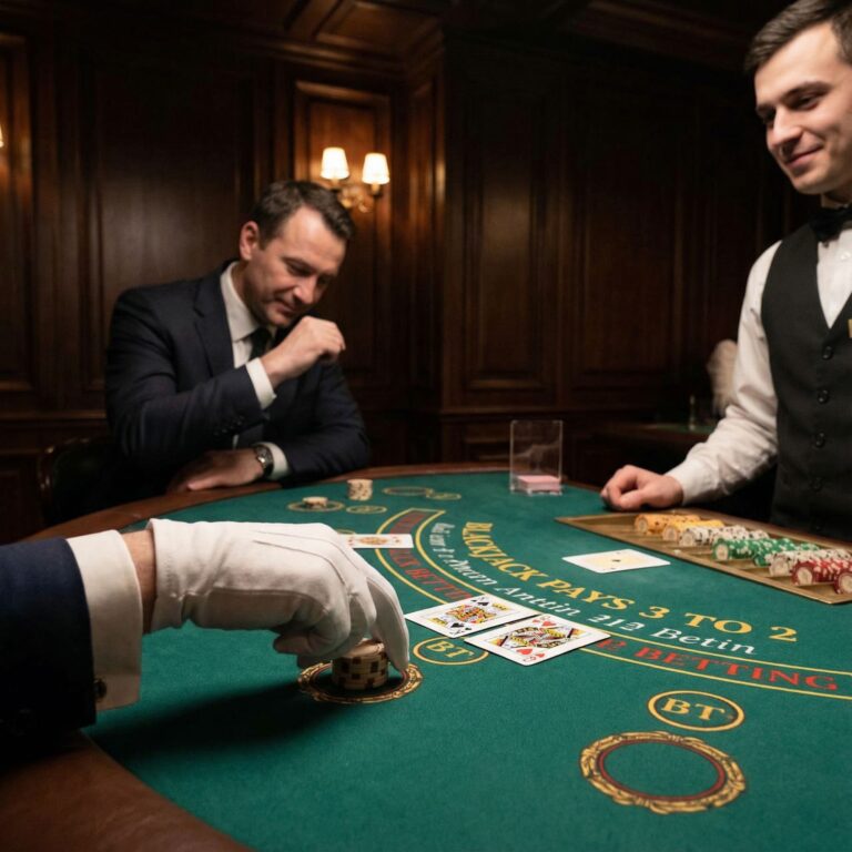 검은색 블랙잭 테이블 위에 칩을 내려놓는 우아한 손과, 딜러를 향한 경의의 인사, 그리고 차분하게 공개된