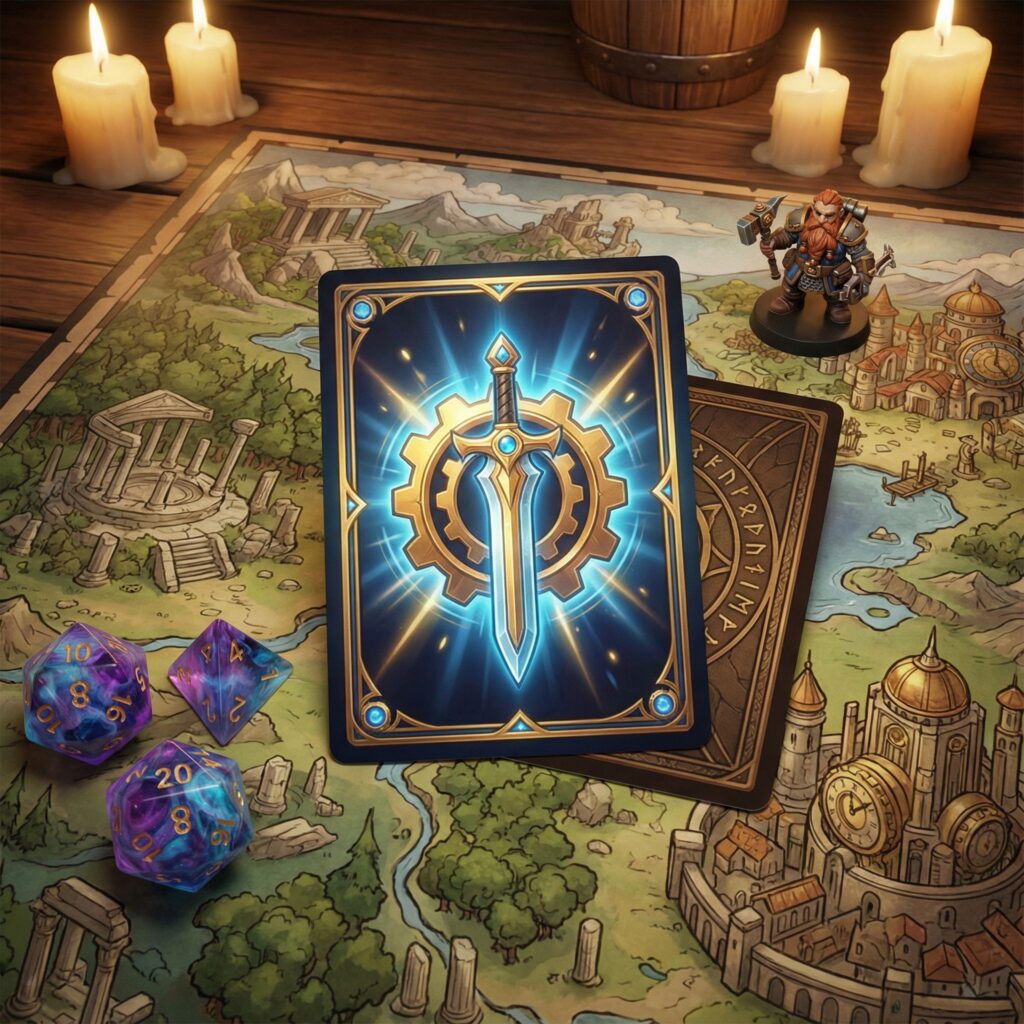 화려한 판타지 게임판 위에 빛나는 톱니와 검 문양이 새겨진 스타일리시한 카드가 주사위와 캐릭터 말과 함께