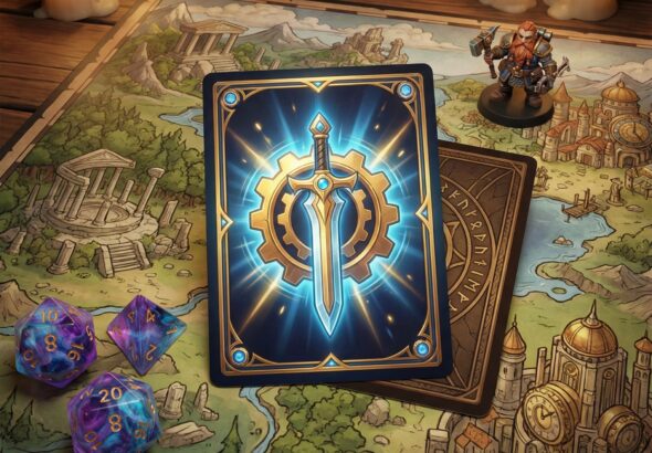 화려한 판타지 게임판 위에 빛나는 톱니와 검 문양이 새겨진 스타일리시한 카드가 주사위와 캐릭터 말과 함께