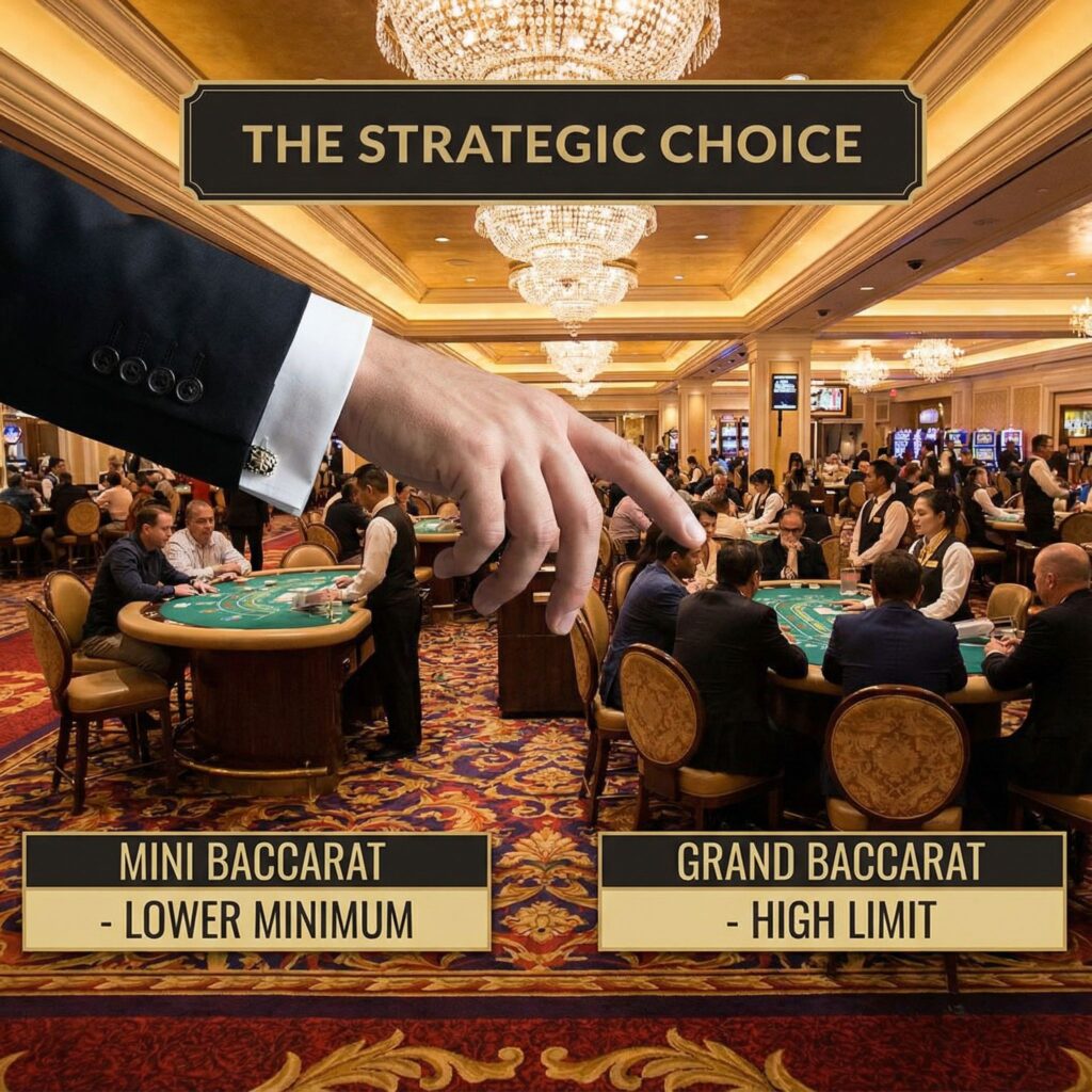 검은색 정장을 입은 플레이어가 작은 바카라 테이블과 큰 바카라 테이블 사이에서 손을 뻗어 선택하는 모습이다.