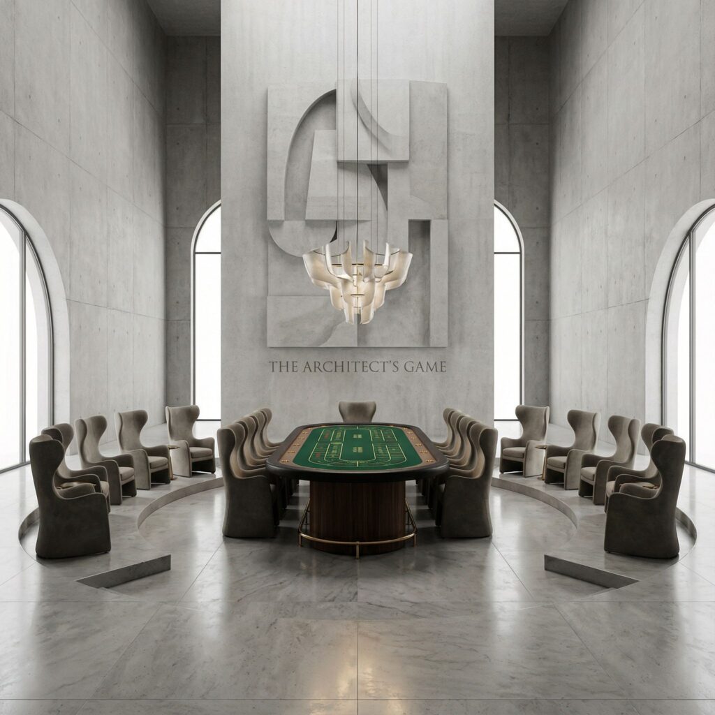넓고 단순한 공간에 호화로운 바카라 테이블이 놓여 있고, 의자 배치가 강렬한 건축적 인상을 주는 모습이다.