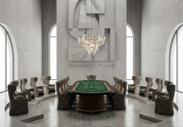 넓고 단순한 공간에 호화로운 바카라 테이블이 놓여 있고, 의자 배치가 강렬한 건축적 인상을 주는 모습이다.