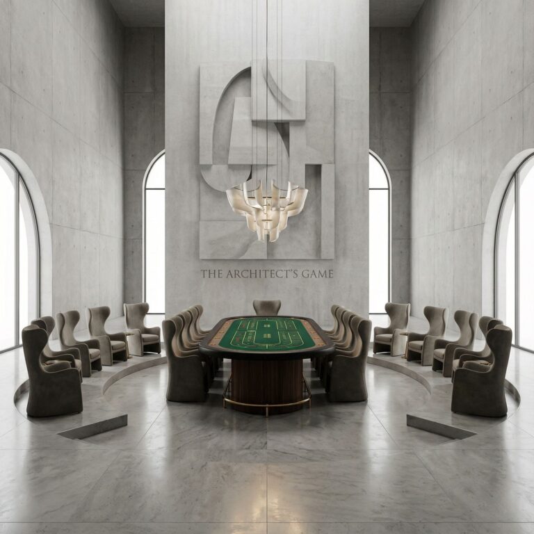 넓고 단순한 공간에 호화로운 바카라 테이블이 놓여 있고, 의자 배치가 강렬한 건축적 인상을 주는 모습이다.