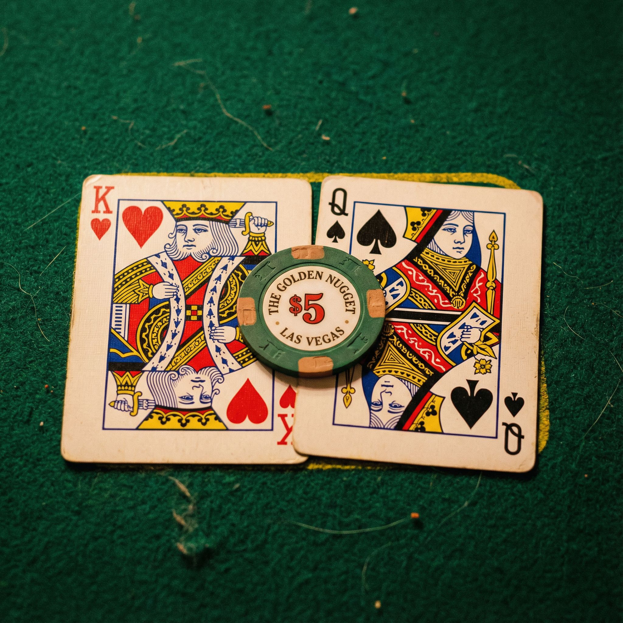 초록색 펠트 카지노 테이블 위에 나란히 놓인 킹과 퀸 카드, 그 위에 포커 칩 하나가 얹혀 있는 모습이다.
