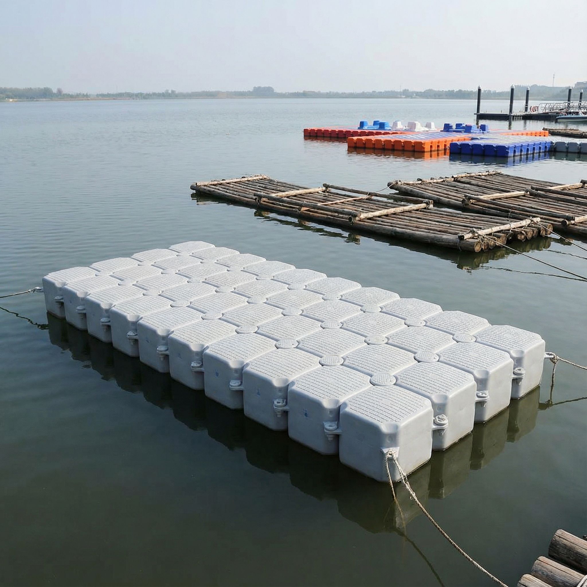 고요한 물 위에 떠 있는 단순한 플랫폼이 보이며, 배경에는 고대 뗏목과 현대식 부교가 모듈식 설계와 함께