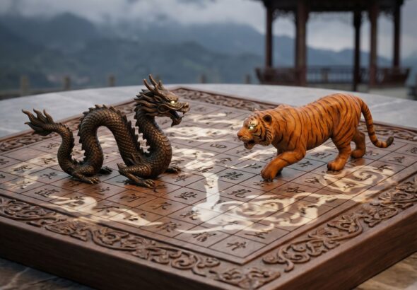 검은색 바탕에 우아한 선으로 그려진 용과 호랑이가 복잡한 춤처럼 전략적으로 대치하고 있는 모습이다.