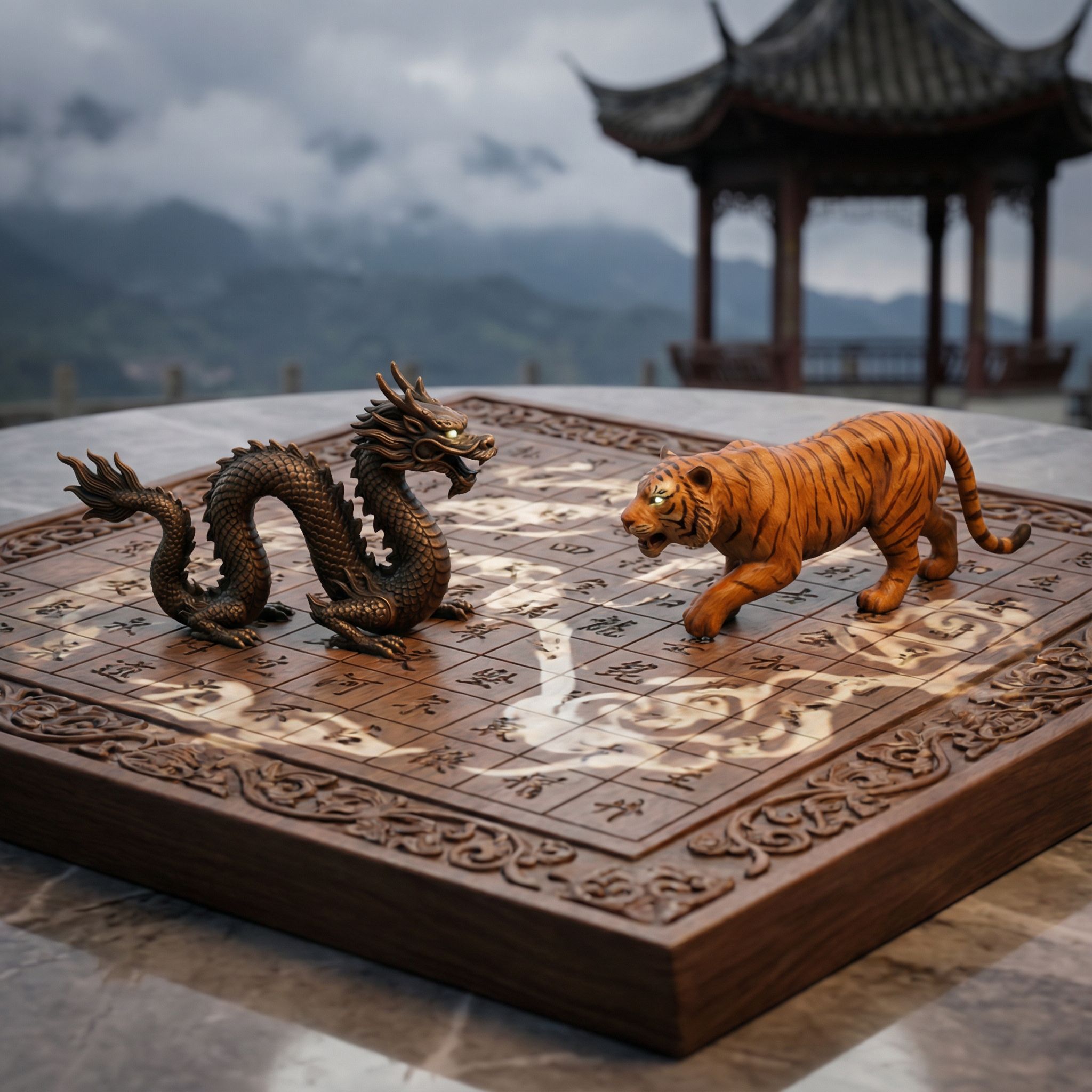 검은색 바탕에 우아한 선으로 그려진 용과 호랑이가 복잡한 춤처럼 전략적으로 대치하고 있는 모습이다.