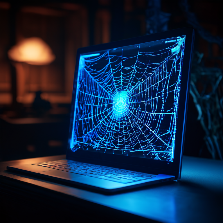 잠들어 있는 컴퓨터 화면에 디지털 거미줄이 얽혀 있고, 정책 재개임을 알리는 단 하나의 알림 아이콘이 희미하게 빛나고 있다.