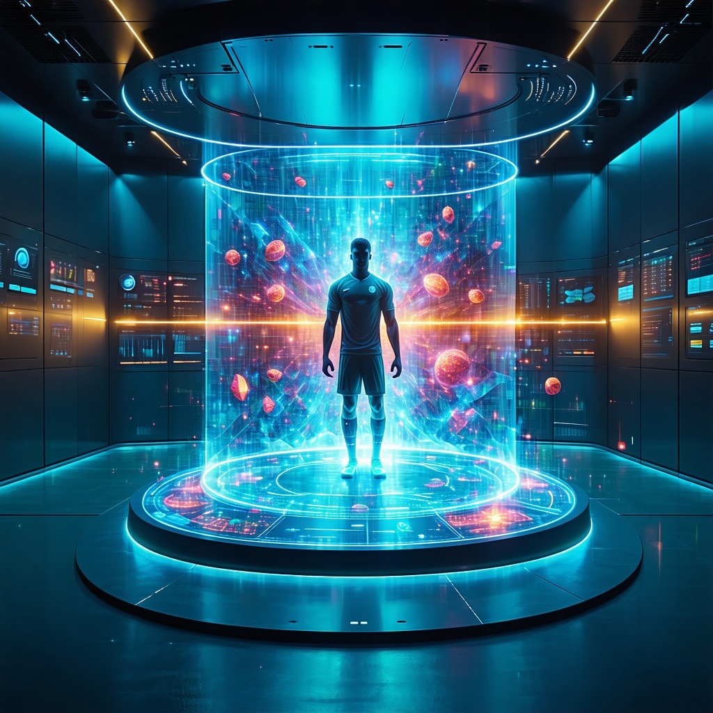 미래형 분석실에서 선수 실루엣이 3D 홀로그램 데이터 흐름 속에 서 있는 스포츠 테크 시각화 이미지
