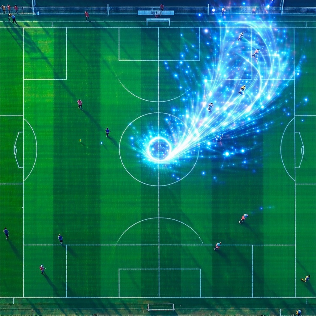 축구 경기장에서 선수 이동 경로가 푸른 빛의 데이터 궤적으로 나타나는 상공 시점 분석 이미지