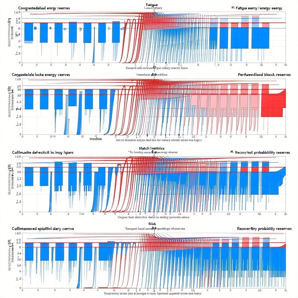 선수의 피로도, 에너지 곡선, 경기 위험 지표를 여러 그래프 레이어로 표현한 장기 성과 분석 차트
