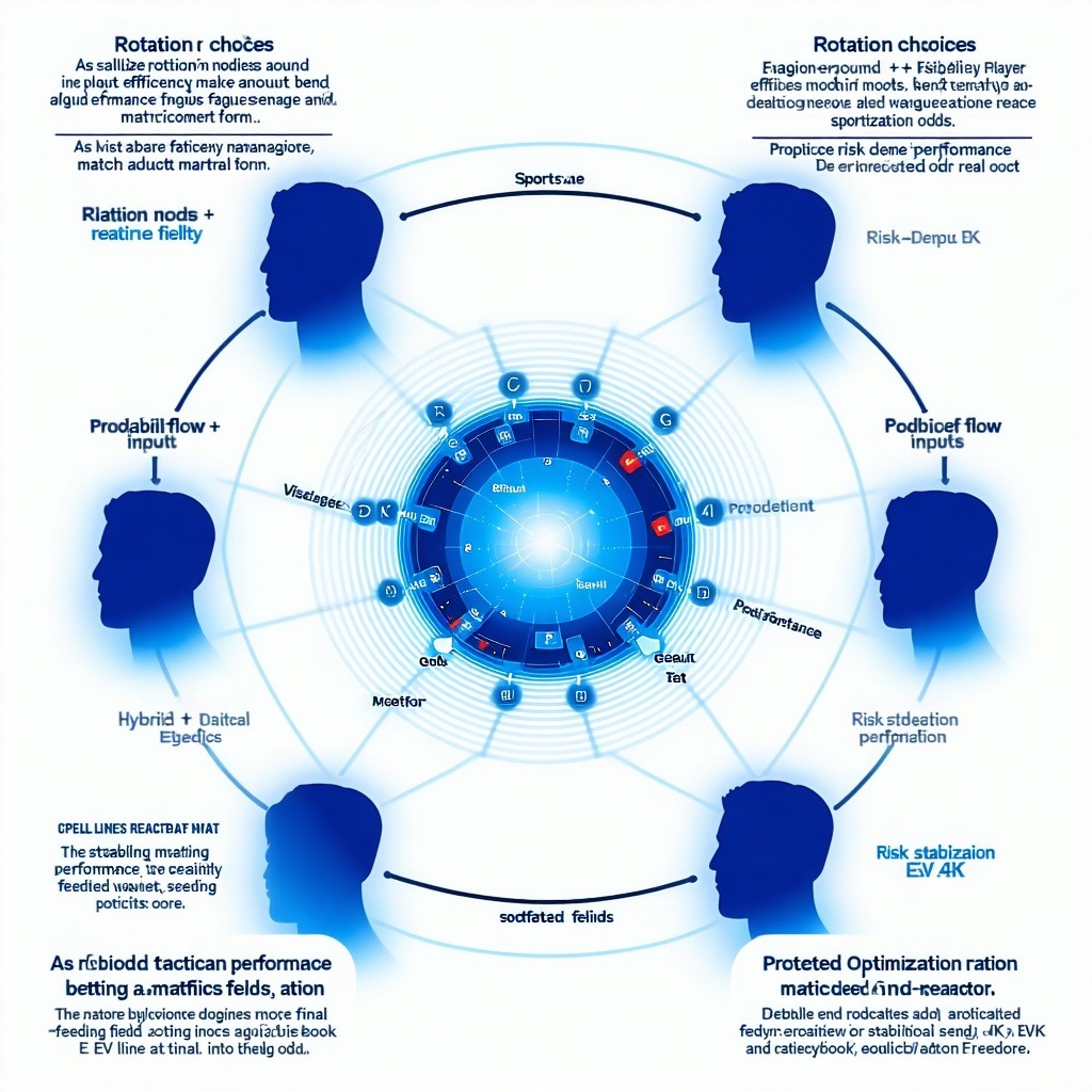 선수 회전 전략과 경기 데이터 흐름을 원형 구조로 시각화한 스포츠 퍼포먼스 인포그래픽