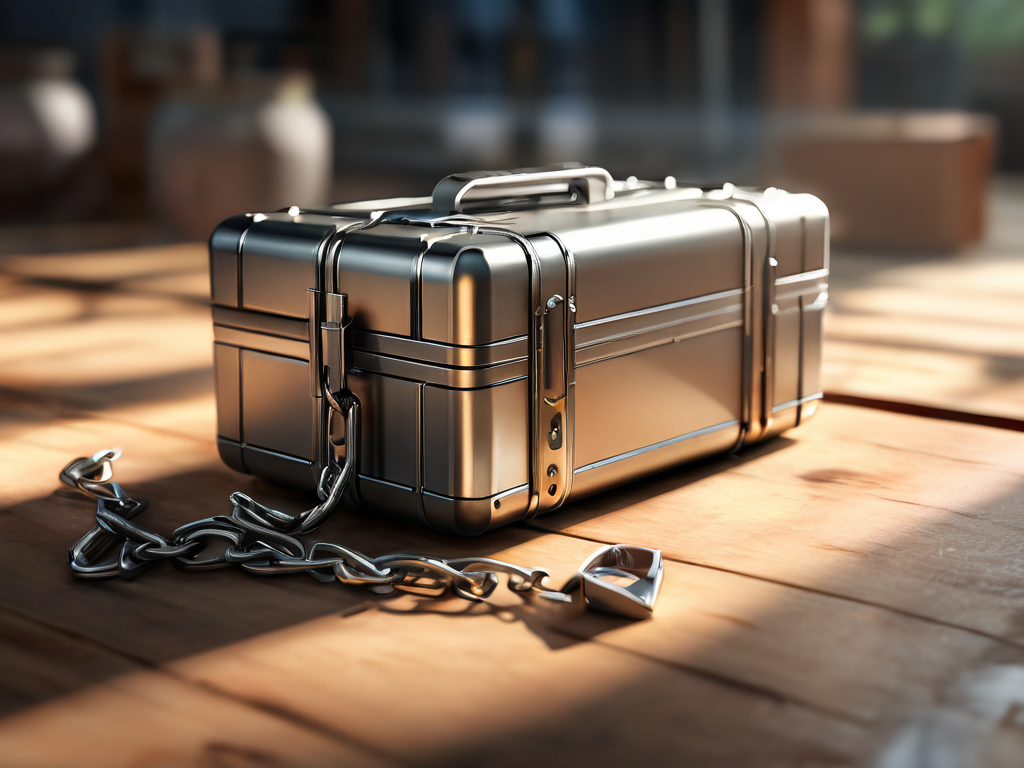 Brushed metal case with chain and small blocks representing connected file locations on angled surface.
