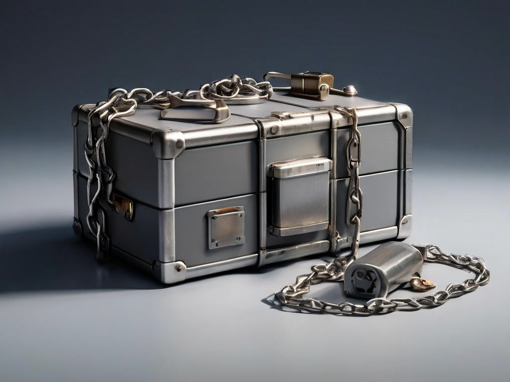Sealed metal case with short chain and three blank blocks arranged on gray studio surface, soft side light.