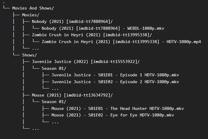 Diagram comparing Plex curly-brace TMDB identifiers with Jellyfin square-bracket metadata identifiers.