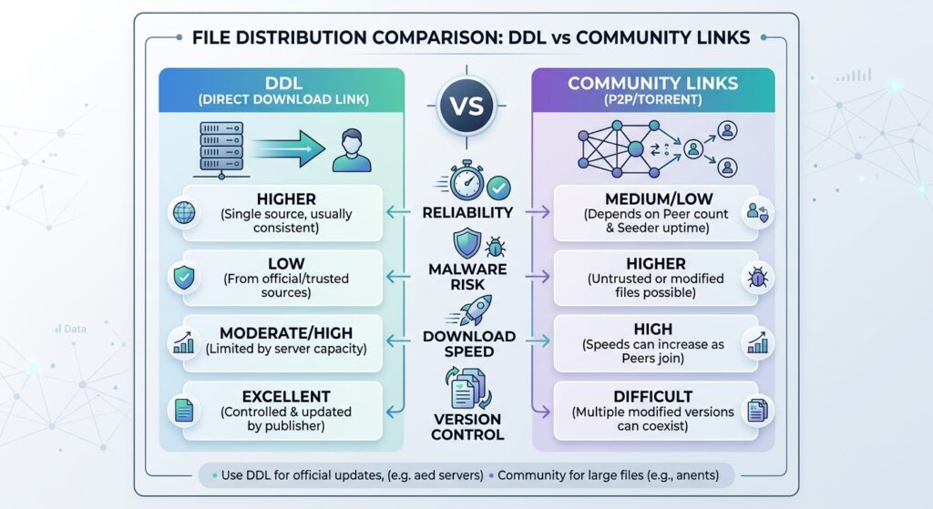 Direct Download vs Community File Link feature comparison chart.